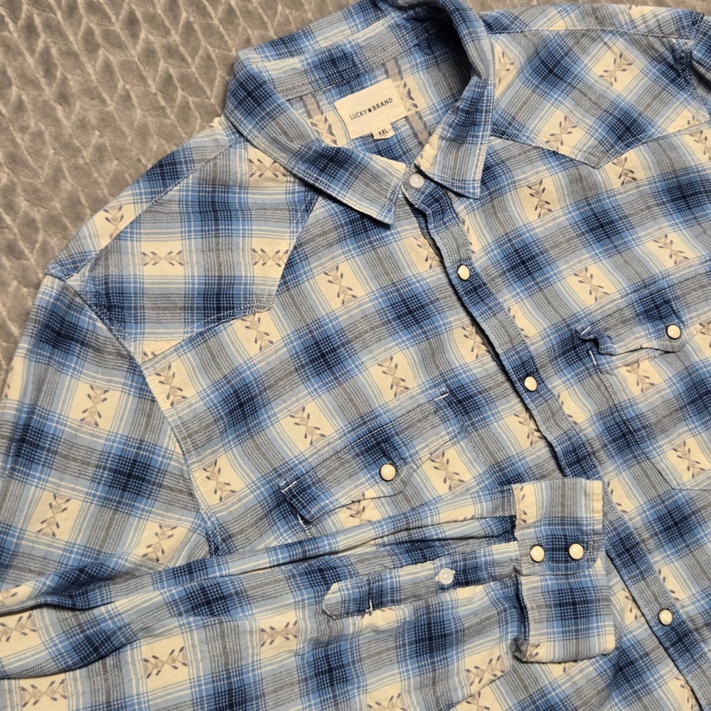 Lucky Brand Mens XXL Blue Plaid Dobby Embroidered Western Pearl Snap Shirt